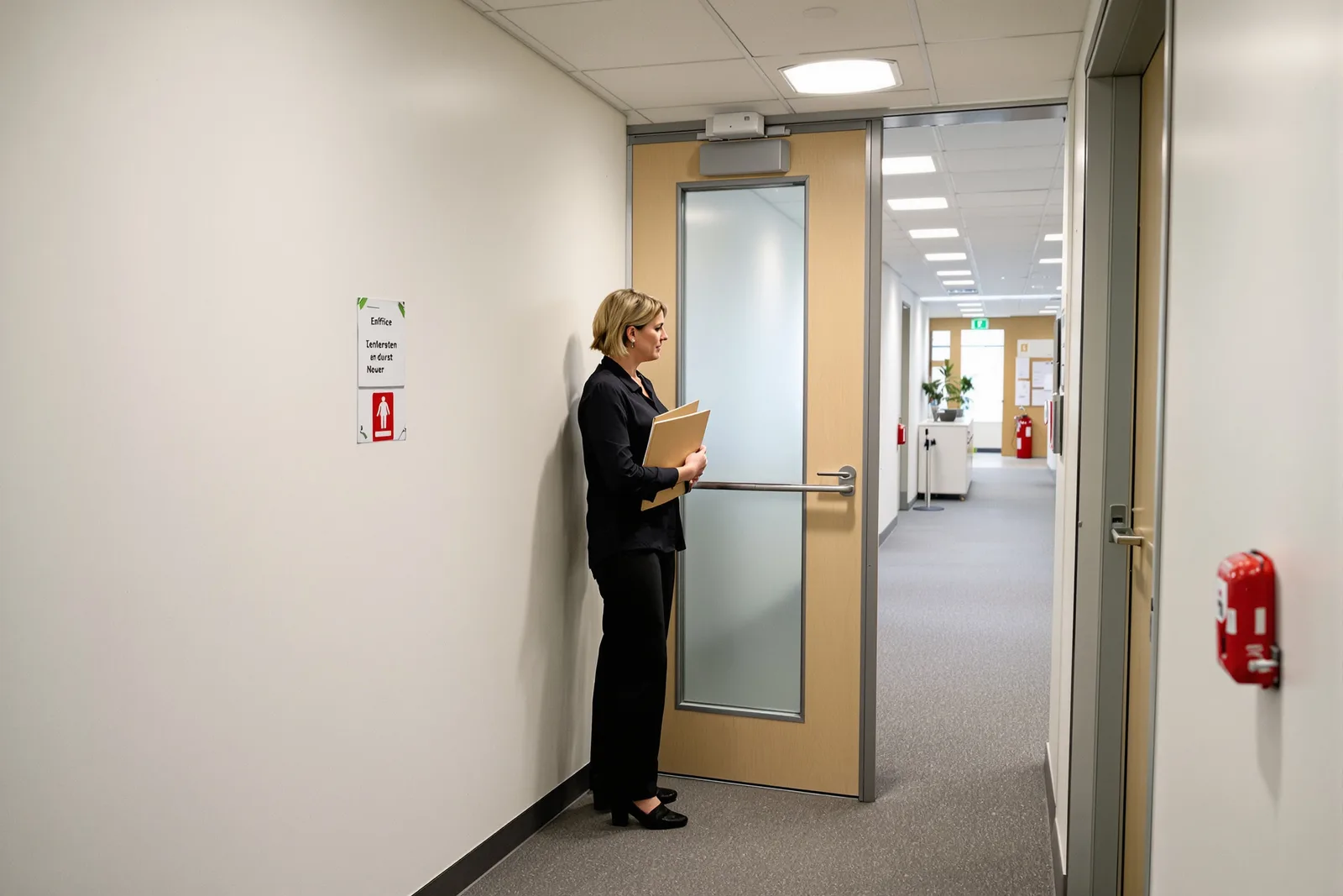 Frau atmet im Treppenhaus tief durch, bevor sie ihr Gehalt verhandeln wird