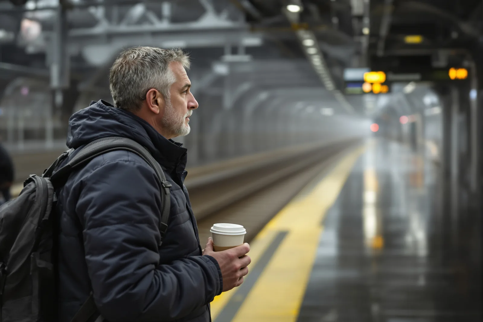 Mann steht am Bahnsteig und blickt in die Ferne, Sinnbild für die Angst vor dem Jobwechsel