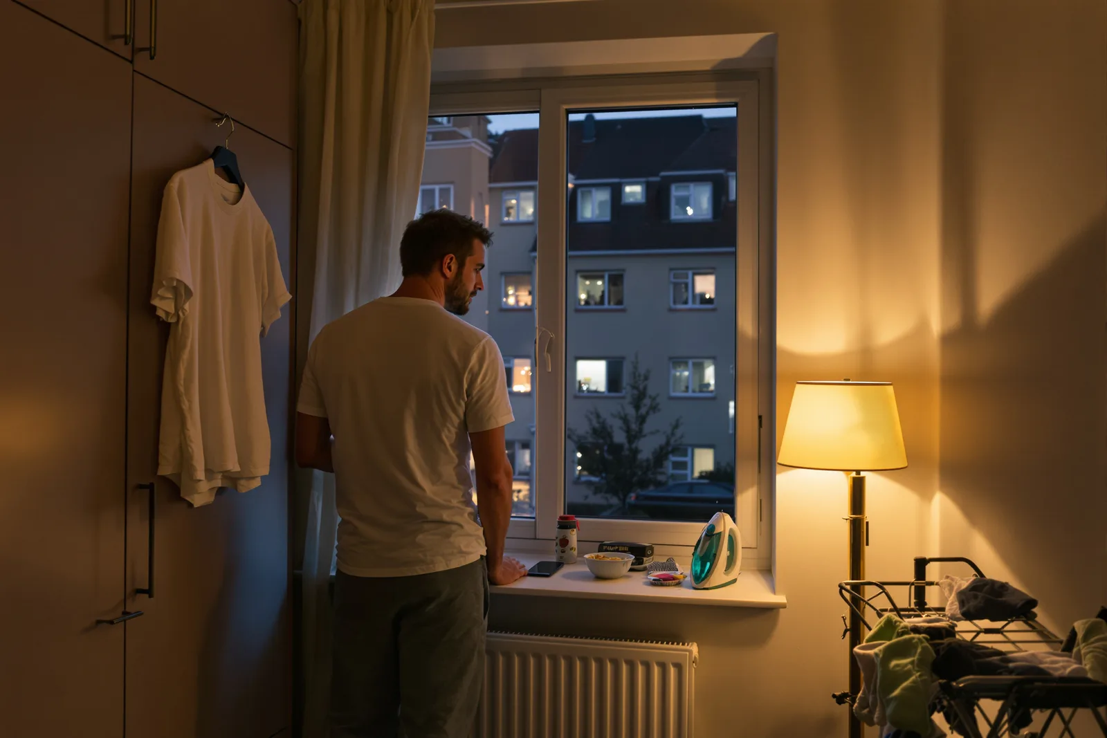 Mann sitzt am Sonntagabend nachdenklich am Fenster, der Montagsblues kündigt sich an