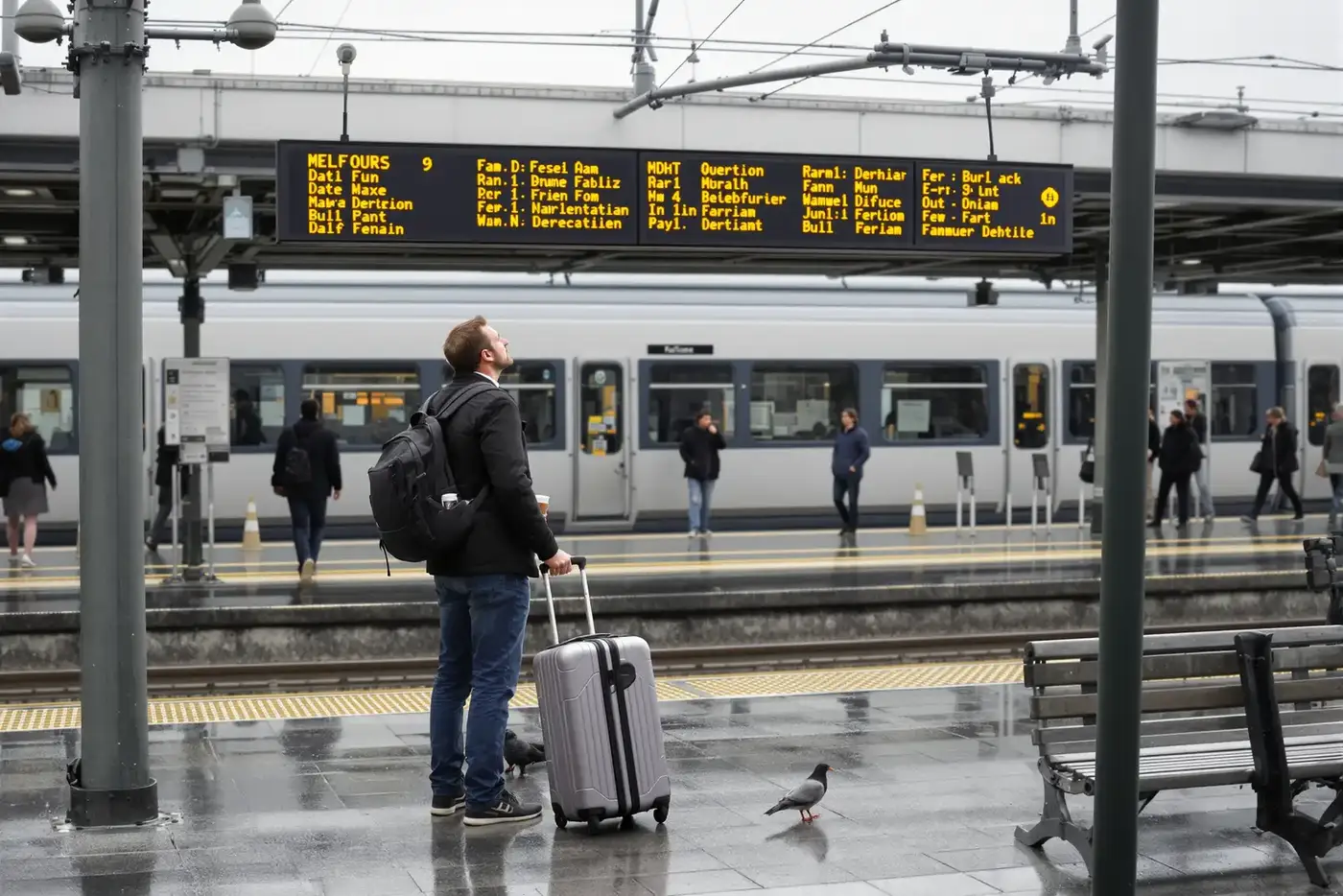 Gründer steht erschöpft mit Rollkoffer auf dem Bahnsteig vor der unscharfen Anzeigetafel. Entscheidungsstärke trainieren gegen Entscheidungsmüdigkeit