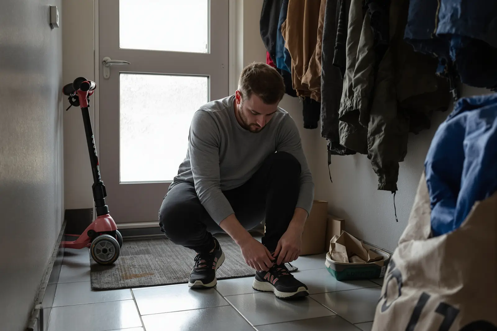 Mann schnürt frühmorgens seine Laufschuhe an der Haustür, der kleinste erste Schritt beim Gewohnheiten aufbauen