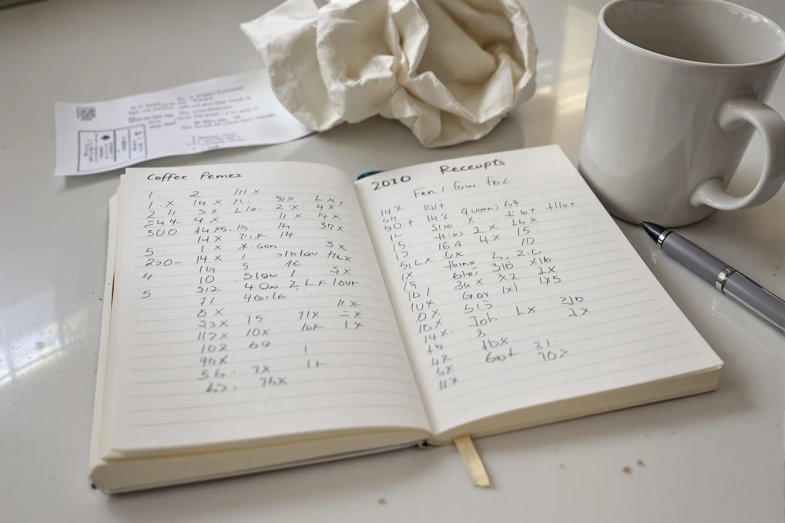 Notizbuch mit Stift und Kaffee als Gewohnheits-Tracker aus Papier, oft besser als jede App