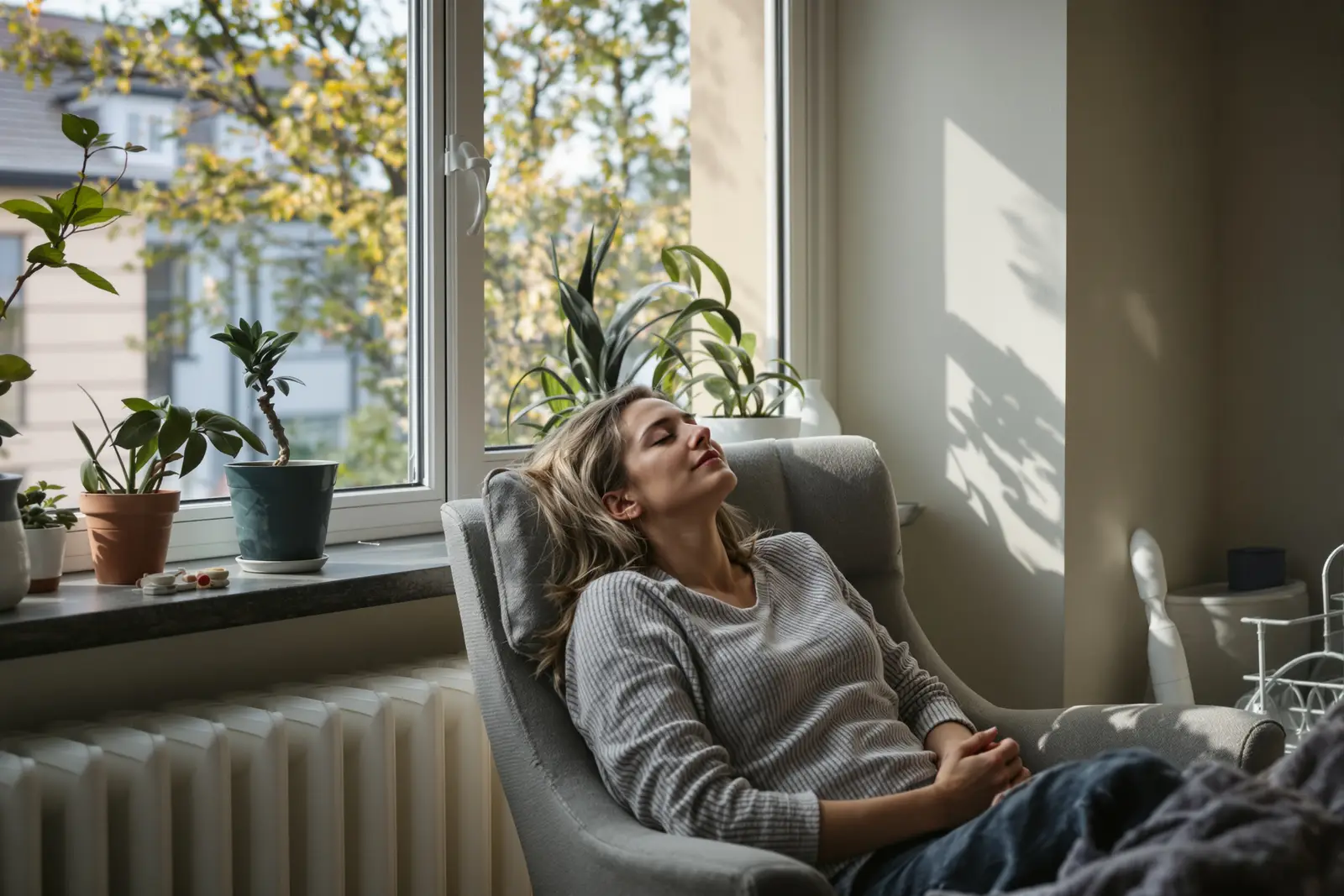 Frau Mitte 30 sitzt entspannt mit geschlossenen Augen im Sessel am Fenster, weiches Seitenlicht. Hypnose als natürlicher Zustand fokussierter Aufmerksamkeit