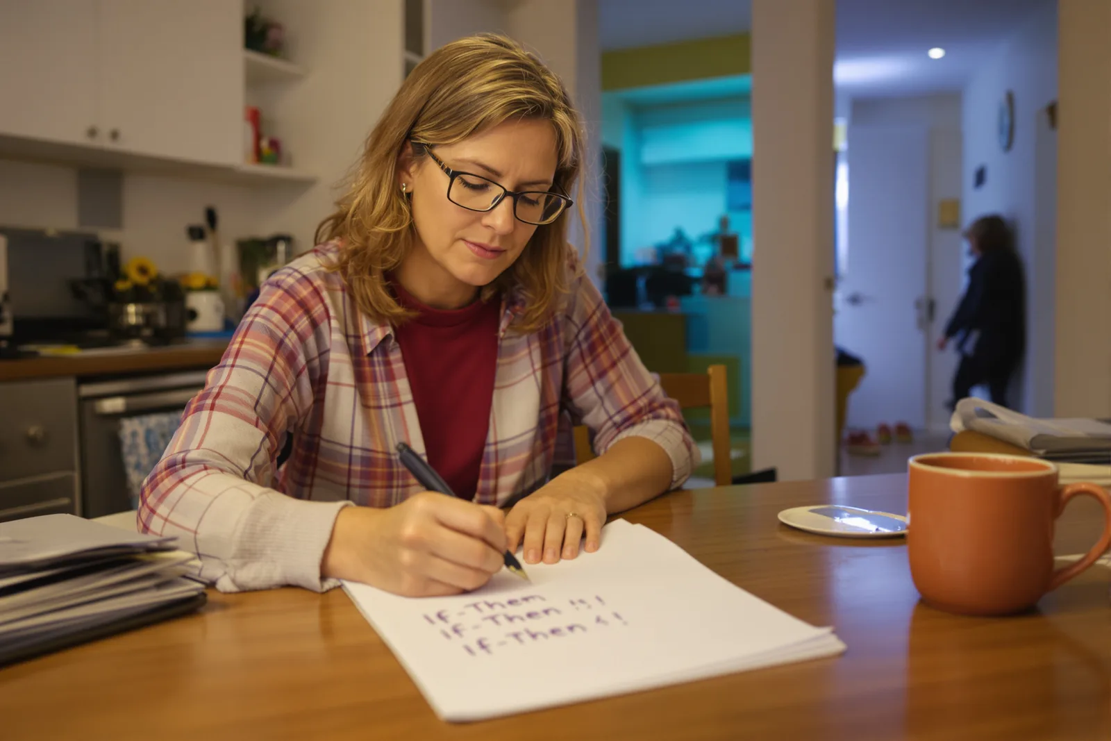 Unternehmerin schreibt abends am Küchentisch einen Wenn-Dann-Plan per Hand, praktischer Schritt der Hypnose für Unternehmer