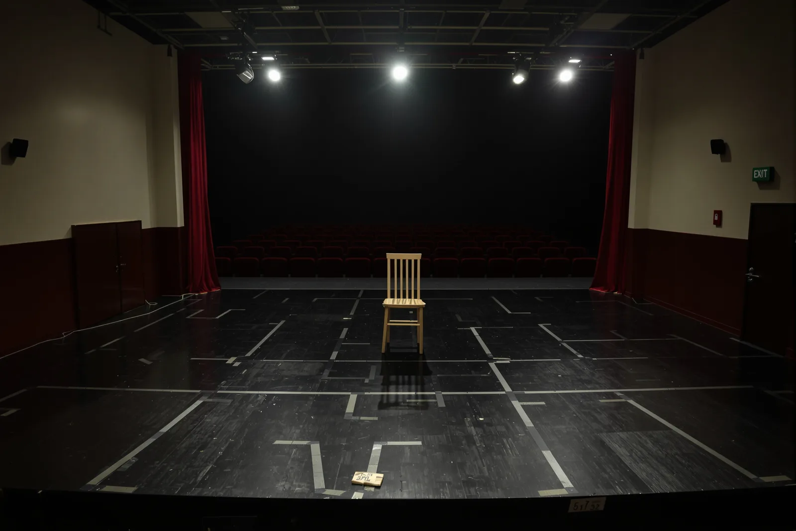 Leere Theaterbühne mit einem einsamen Stuhl im Scheinwerferlicht. Die Hypnose-Mythen stammen von der Bühne, nicht aus der Forschung