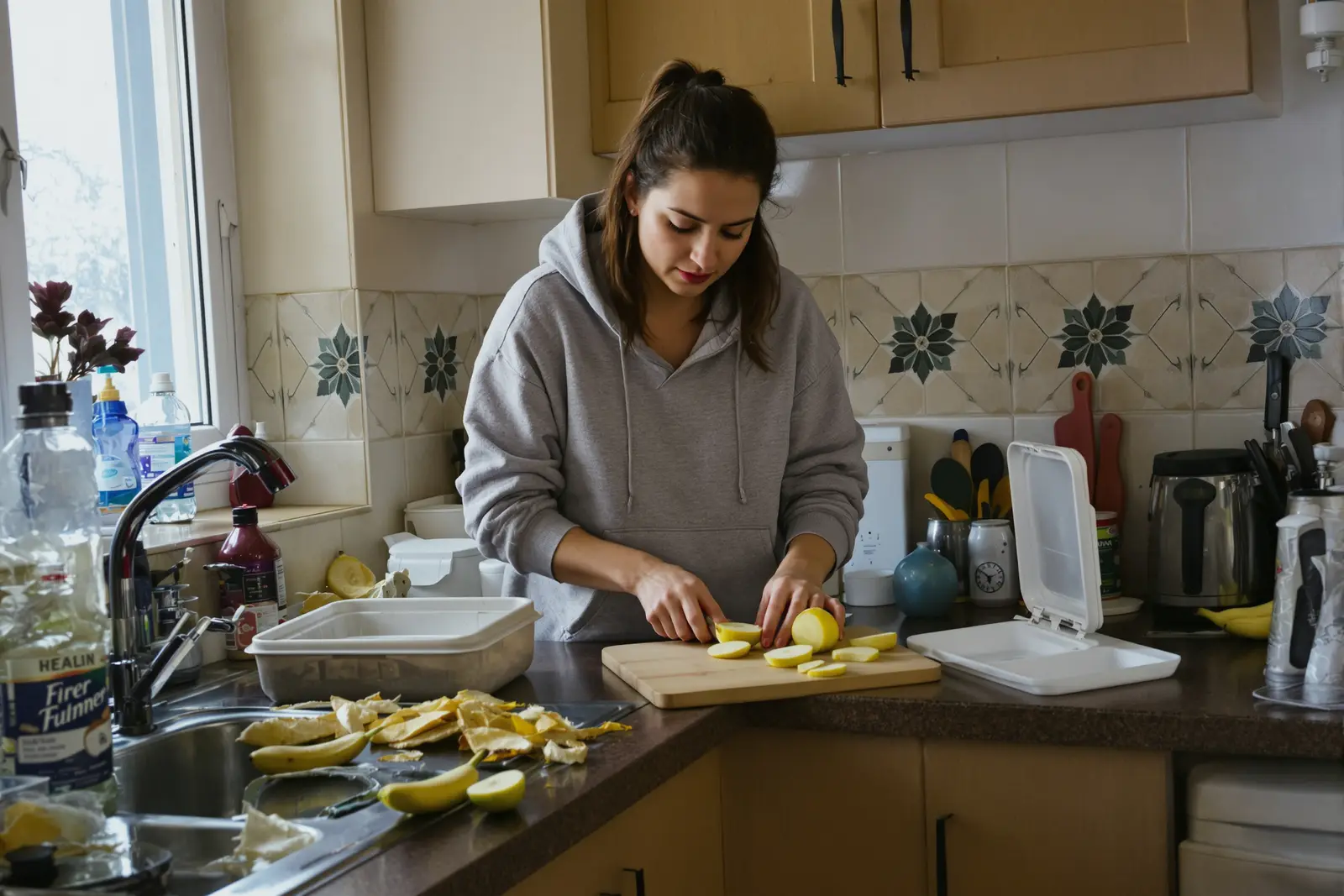 Frau schneidet morgens Obst in der Küche. Kleine feste Elemente machen die Morgenroutine stabil