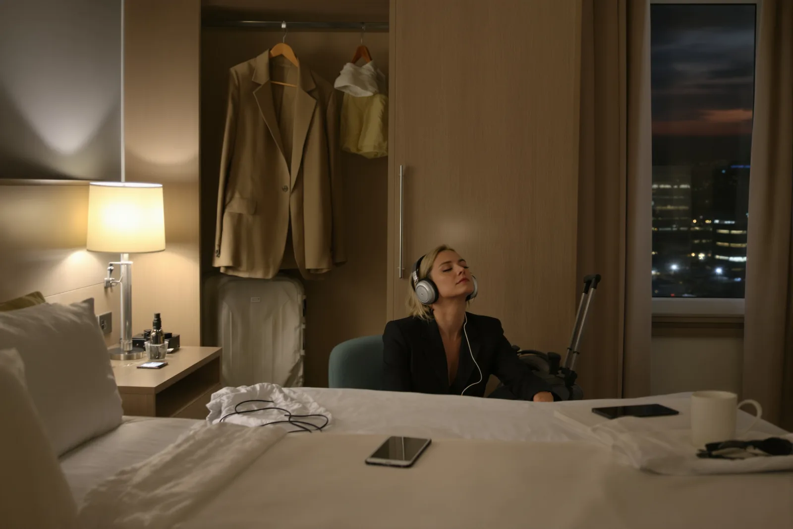 Geschäftsführerin sitzt abends im Hotelzimmer mit Kopfhörern und geschlossenen Augen auf dem Bett, Performance-Hypnose vor der Verhandlung