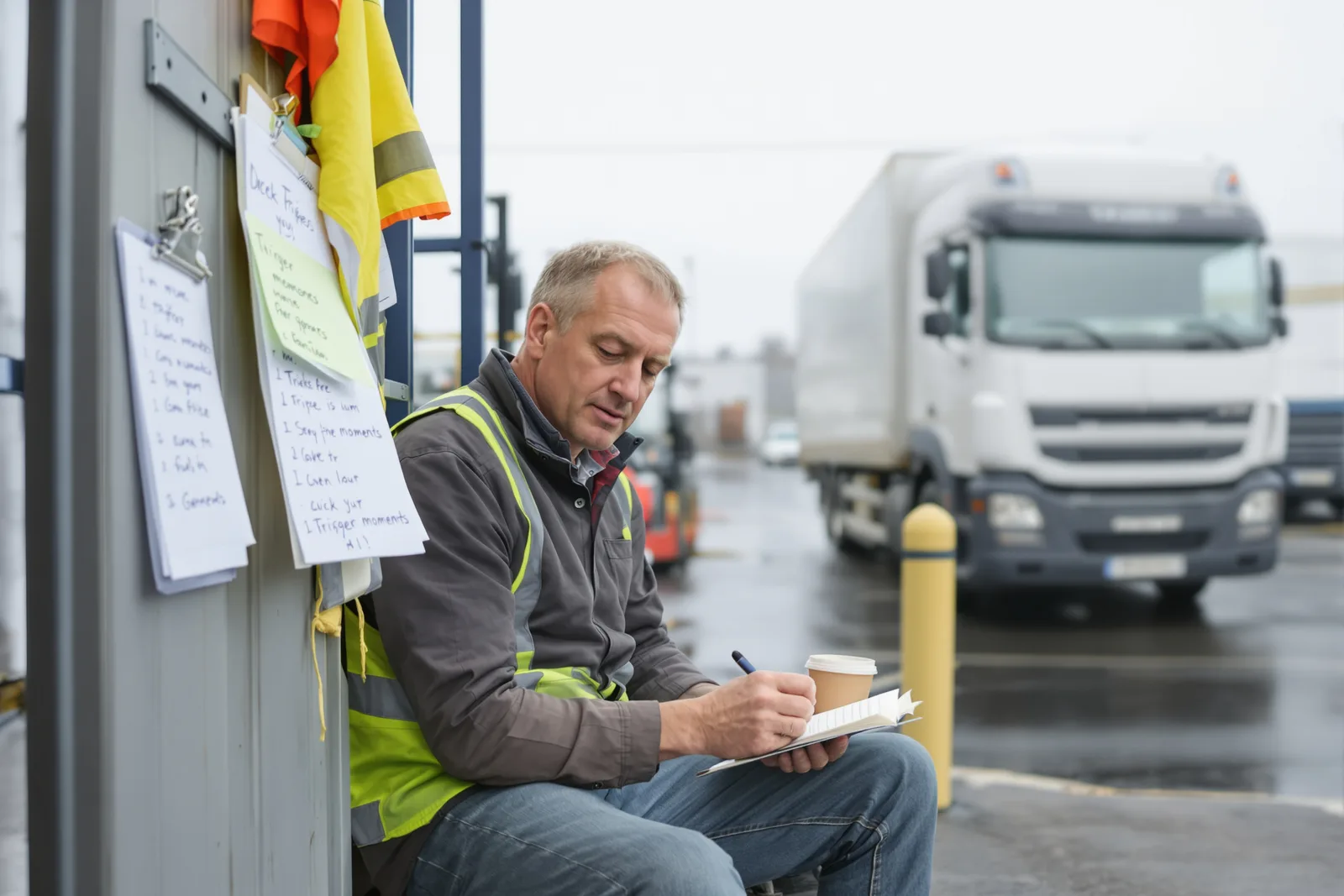 Logistikunternehmer notiert in der Pause an der Laderampe seine Auslöser-Momente im Notizbuch: Selbstsabotage im Business stoppen Schritt für Schritt