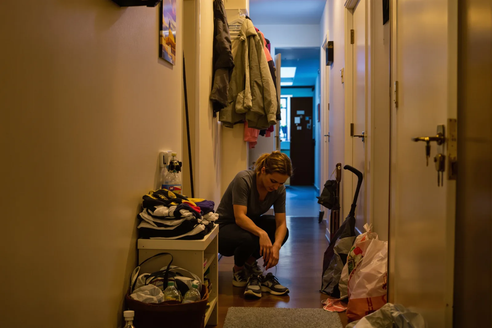 Anfangen lernen: Frau bindet sich im vollgestellten Flur die Schuhe – der kleine erste Schritt