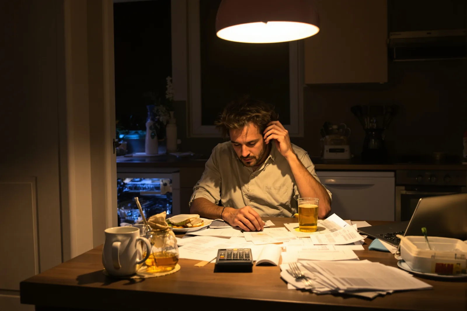 Mann sitzt nachts über Unterlagen am Küchentisch: der Last-Minute-Modus, den du hinter dir lässt, wenn du Deadline-Stress vermeiden willst