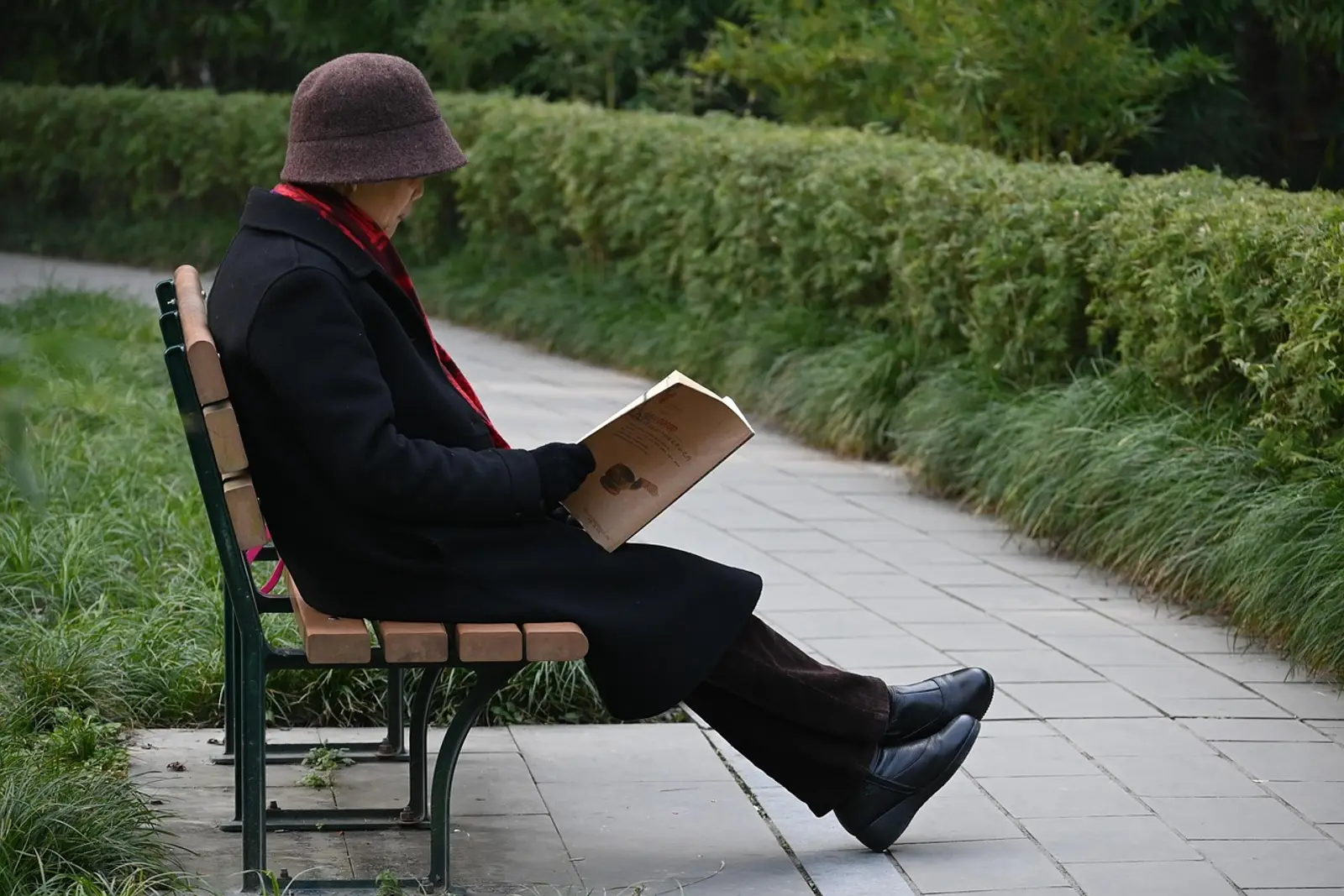 Schnelle Entspannungstechniken: ältere Frau liest in Ruhe ein Buch auf einer Parkbank im Grünen