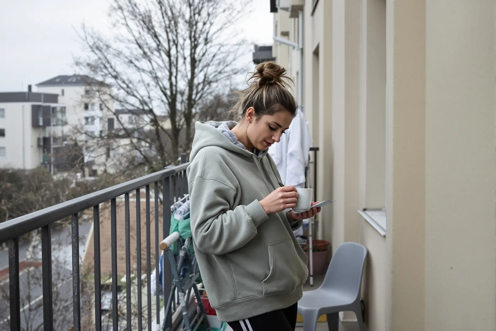 Frau klebt morgens eine Notiz neben den Badezimmerspiegel, eine tägliche Erinnerung, um den inneren Kritiker zu entmachten