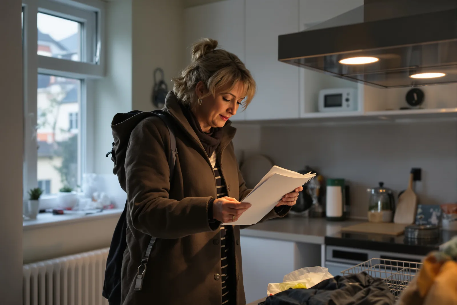 Frau öffnet frühmorgens das Fenster und lässt Tageslicht herein. Energie-Basics sichern als erster Schritt, um Motivation zu finden