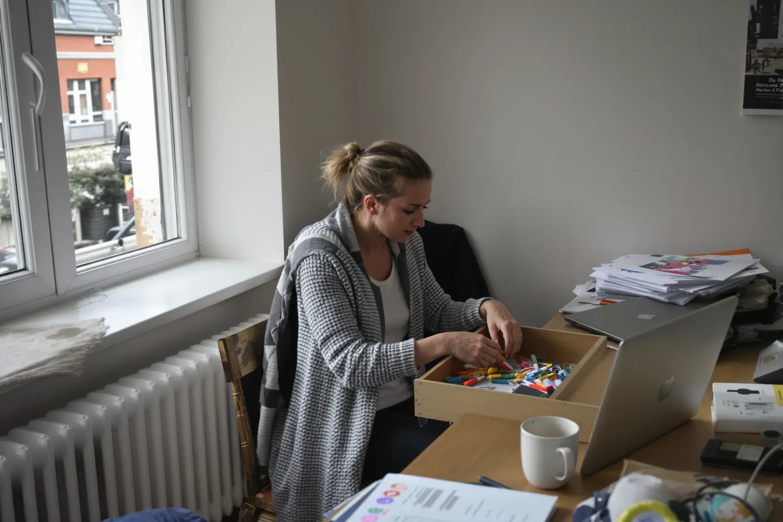 Frau zögert morgens an der Tür ihres Arbeitszimmers: der Moment vor dem ersten Schritt, an dem Prokrastination überwinden beginnt