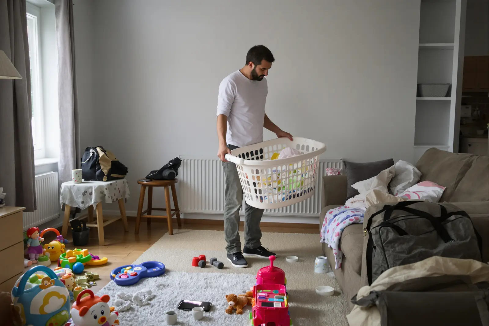 Frau steht überfordert im Büro und hält kurz inne. Bei akuter Überforderung hilft ein bewusster Stopp