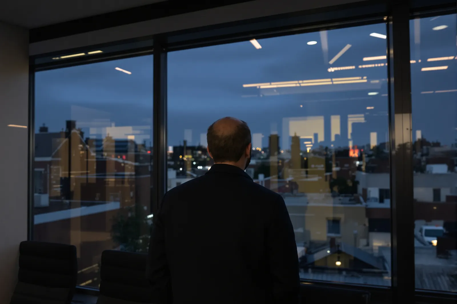 Ein Gründer steht abends am Fenster eines leeren Besprechungsraums