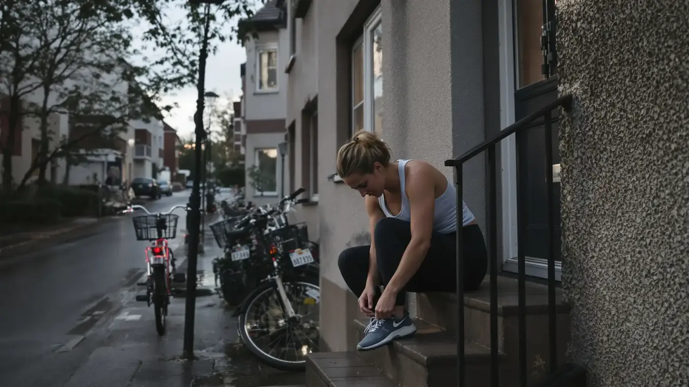 Leere Landstraße im ersten Morgenlicht, in der Ferne geht eine einzelne Person